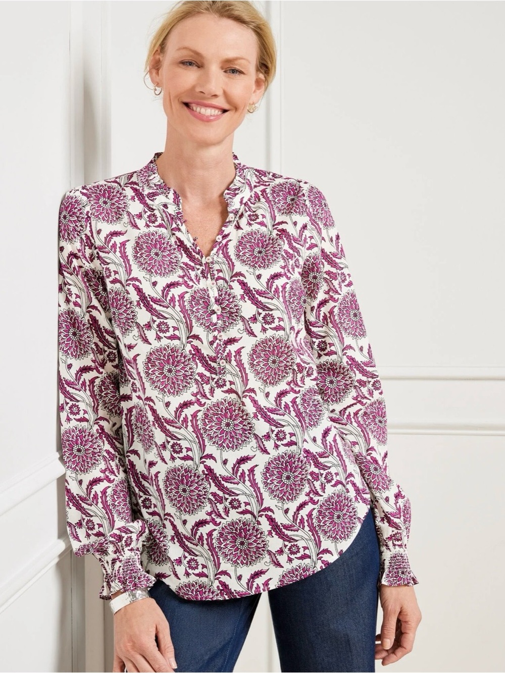 Talbots Chrysanthemum Ruffle Trim 100% Cotton Popover Blouse, Size XL